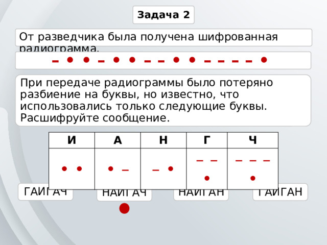 Задача 2 От разведчика была получена шифрованная радиограмма. – • • – • • – – • • – – – – • При передаче радиограммы было потеряно разбиение на буквы, но известно, что использовались только следующие буквы. Расшифруйте сообщение. И •  • А •  – Н Г –  • Ч –  –  • –  –  –  • ГАИГАЧ ГАИГАН НАИГАН НАИГАЧ 