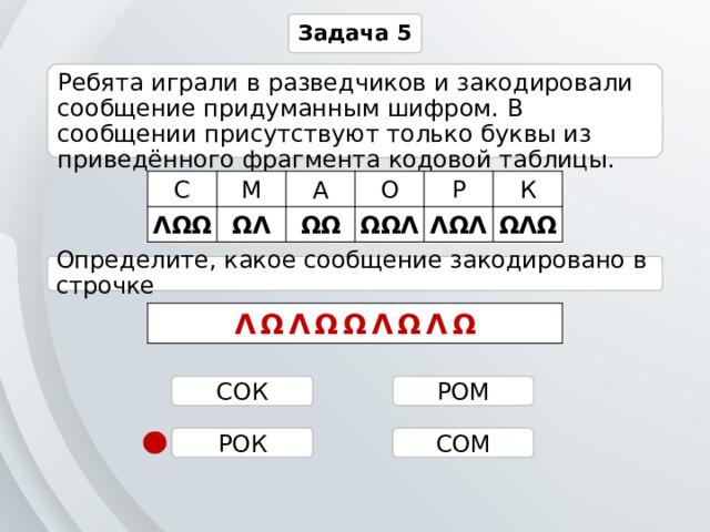 Задача 5 Ребята играли в разведчиков и закодировали сообщение придуманным шифром. В сообщении присутствуют только буквы из приведённого фрагмента кодовой таблицы. С М ΛΩΩ ΩΛ А ΩΩ О ΩΩΛ Р К ΛΩΛ ΩΛΩ Определите, какое сообщение закодировано в строчке ΛΩΛΩΩΛΩΛΩ РОМ СОК РОК СОМ 