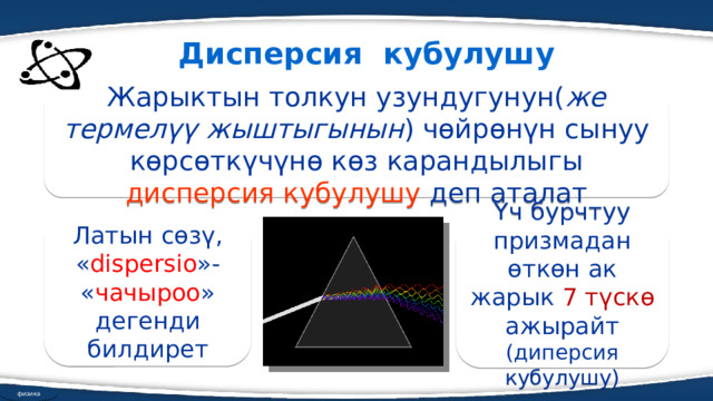Дисперсия кубулушу Жарыктын толкун узундугунун( же термелүү жыштыгынын ) чөйрөнүн сынуу көрсөткүчүнө көз карандылыгы дисперсия кубулушу деп аталат Латын сөзү, « dispersio »- « чачыроо » дегенди билдирет Үч бурчтуу призмадан өткөн ак жарык 7 түскө ажырайт (диперсия кубулушу) физика 