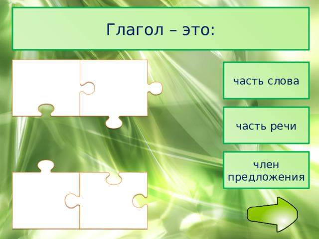 Глагол – это: часть слова часть речи член предложения 