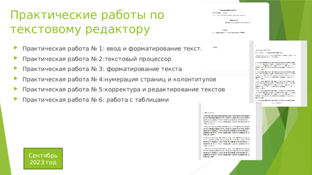 Практические работы по текстовому редактору Практическая работа № 1: ввод и форматирование текста Практическая работа № 2:текстовый процессор Практическая работа № 3: форматирование текста Практическая работа № 4:нумерация страниц и колонтитулов Практическая работа № 5:корректура и редактирование текстов Практическая работа № 6: работа с таблицами Сентябрь 2023 год 