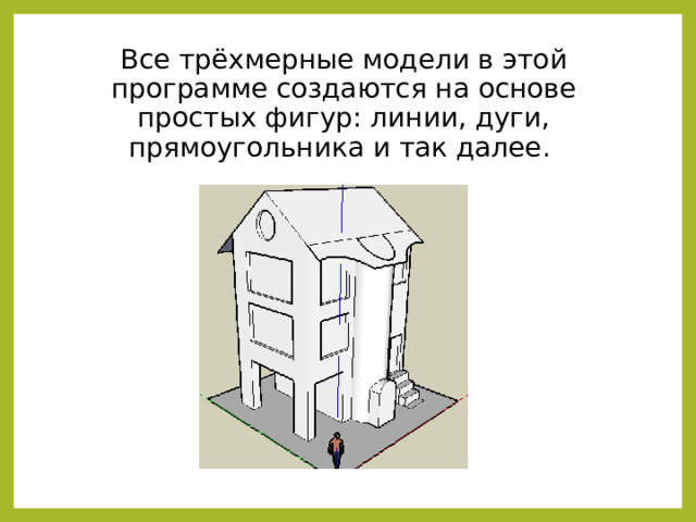 Все трёхмерные модели в этой программе создаются на основе простых фигур: линии, дуги, прямоугольника и так далее. 