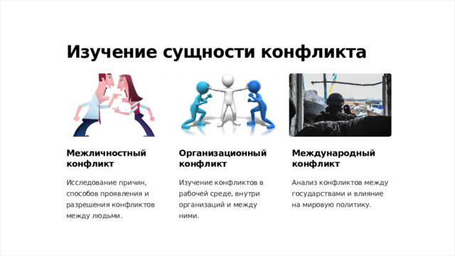 Изучение сущности конфликта Межличностный конфликт Организационный конфликт Международный конфликт Исследование причин, способов проявления и разрешения конфликтов между людьми. Изучение конфликтов в рабочей среде, внутри организаций и между ними. Анализ конфликтов между государствами и влияние на мировую политику.  
