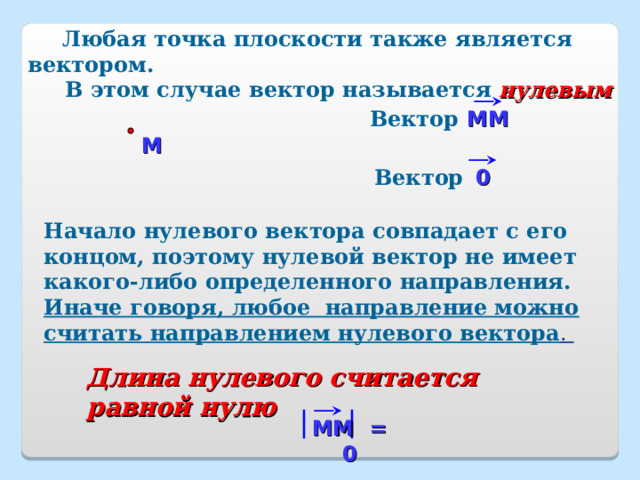 Любая точка плоскости также является вектором.  В этом случае вектор называется нулевым MM Вектор  M Вектор 0 Начало нулевого вектора совпадает с его концом, поэтому нулевой вектор не имеет какого-либо определенного направления. Иначе говоря, любое направление можно считать направлением нулевого вектора . Длина нулевого считается равной нулю MM = 0 4 