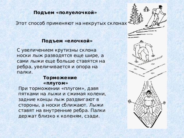 Подъем «полуелочкой»  Подъем «елочкой» Торможение «плугом» 