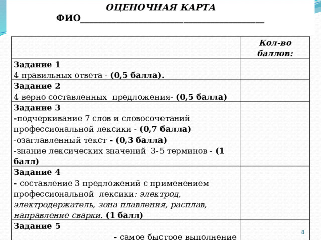 ОЦЕНОЧНАЯ КАРТА ФИО _________________________________________ Кол-во баллов: Задание 1 4 правильных ответа - (0,5 балла). Задание 2 4 верно составленных предложения- (0,5 балла) Задание 3 - подчеркивание 7 слов и словосочетаний профессиональной лексики - (0,7 балла) Задание 4 -озаглавленный текст - (0,3 балла) - составление 3 предложений с применением профессиональной лексики : электрод, электродержатель, зона плавления, расплав, направление сварки.  (1 балл) Задание 5 - самое быстрое выполнение задания (1 балл) -знание лексических значений 3-5 терминов - (1 балл)  ИТОГ:  