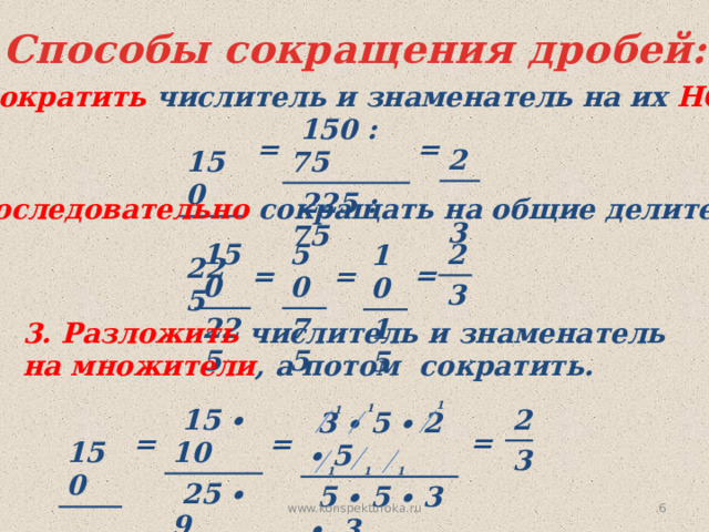 Способы сокращения дробей: 1. Сократить числитель и знаменатель на их НОД.  2  3  150  150 : 75  225  225 : 75 = = 2. Последовательно сокращать на общие делители. 150 50 2 3 75 225 10 15 = = = 3. Разложить числитель и знаменатель на множители , а потом сократить. 1 1 1  15 ∙ 10 2  25 ∙ 9 3  150  225  3 ∙ 5 ∙ 2 ∙ 5  5 ∙ 5 ∙ 3 ∙ 3 = = = 1 1 1  www.konspekturoka.ru 