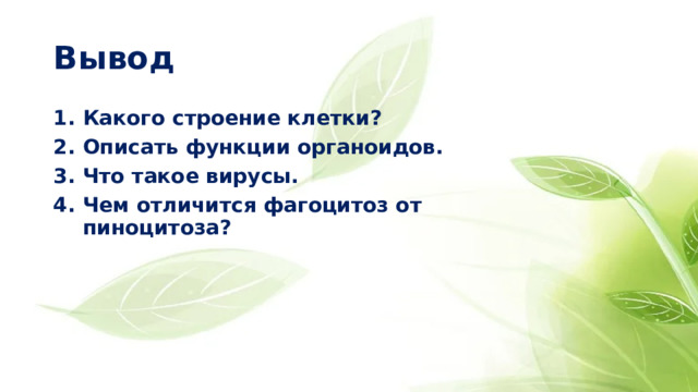 Вывод Какого строение клетки? Описать функции органоидов. Что такое вирусы. Чем отличится фагоцитоз от пиноцитоза? 
