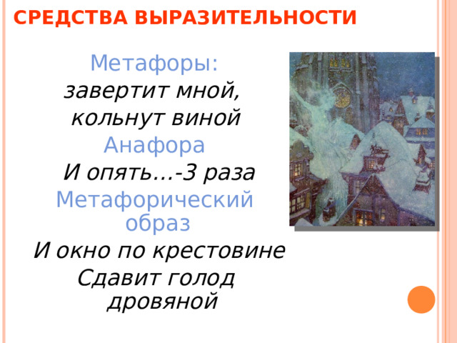 СРЕДСТВА ВЫРАЗИТЕЛЬНОСТИ  Метафоры:  завертит мной, кольнут виной Анафора  И опять…-3 раза Метафорический образ   И окно по крестовине Сдавит голод дровяной 