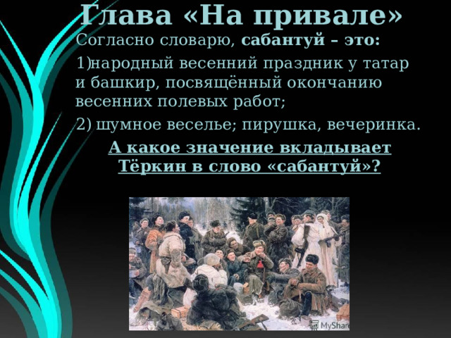 Глава «На привале» Согласно словарю, сабантуй – это: народный весенний праздник у татар и башкир, посвящённый окончанию весенних полевых работ;  шумное веселье; пирушка, вечеринка. А какое значение вкладывает Тёркин в слово «сабантуй»? 
