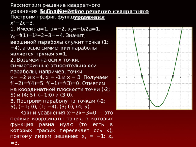 Рассмотрим решение квадратного уравнения вида х 2 -2х-3=0. Построим график функции у = x 2 −2x−3. 1. Имеем: a=1, b=−2, x 0 =−b/2a=1, y 0 =f(1)=1 2 −2−3=−4. Значит, вершиной параболы служит точка (1; −4), а осью симметрии параболы является прямая x=1. 2. Возьмём на оси x точки, симметричные относительно оси параболы, например, точки x= −2 и x=4, х = -1 и х = 3. Получаем f(−2)=f(4)=5, f(−1)=f(3)=0. Отметим на координатной плоскости точки (-2; 5) и (4; 5), (−1;0) и (3;0). 3. Построим параболу по точкам (-2; 5), (−1; 0), (1; −4), (3; 0), (4; 5). Корни уравнения x 2 −2x−3=0 — это первые координаты точек, в которых функция равна нулю (то есть в которых график пересекает ось х); поэтому имеем решение: x 1 = −1; x 2 =3. 5. Графическое решение квадратного уравнения 