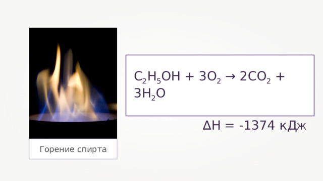 С 2 Н 5 ОН + 3О 2 → 2СО 2 + 3Н 2 О ∆ Н = -1374 кД Ж Горение спирта 