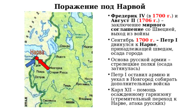 Поражение под Нарвой Фредерик IV  (в 1700 г . ) и Август II ( 1706 г. )  –заключение мирного соглашение со Швецией, выход из войны Сентябрь  1700 г. – Петр I двинулся к Нарве , принадлежащей шведам, осада города Основа русской армии – стрелецкие полки (осада затянулась) Петр I оставил армию и уехал в Новгород собирать дополнительные войска Карл XII – помощь осажденному гарнизону (стремительный переход к Нарве, атака русских)  