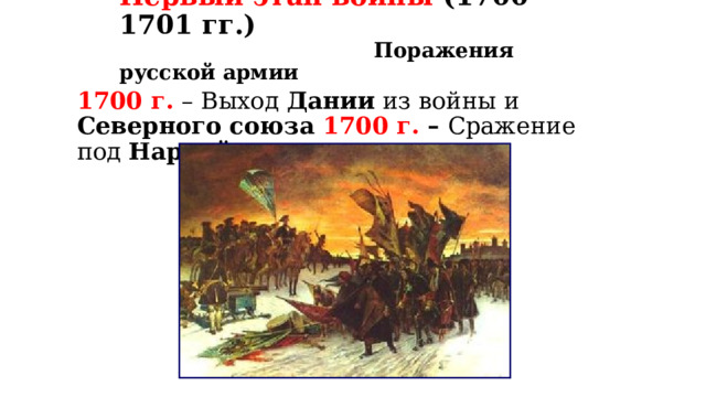 Первый этап войны (1700-1701 гг.)   Поражения русской армии   1700 г. – Выход Дании из войны и Северного союза 1700 г. – Сражение под Нарвой 
