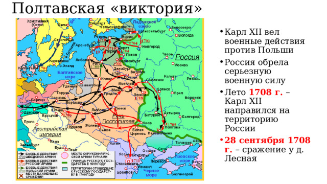 Полтавская «виктория» Карл XII вел военные действия против Польши Россия обрела серьезную военную силу Лето 1708 г. – Карл XII направился на территорию России 28 сентября 1708 г. – сражение у д. Лесная 