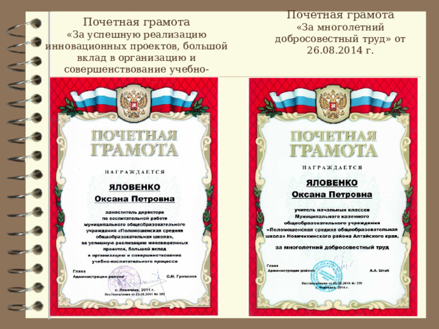 Почетная грамота «За успешную реализацию инновационных проектов, большой вклад в организацию и совершенствование учебно- воспитательного процесса» от 23.08.2011г. Почетная грамота  «За многолетний добросовестный труд» от 26.08.2014 г.     
