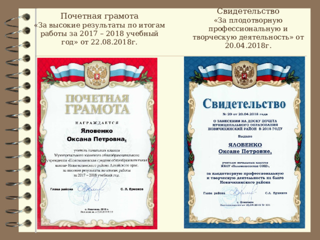 Почетная грамота «За высокие результаты по итогам работы за 2017 – 2018 учебный год» от 22.08.2018г.  Свидетельство  «За плодотворную профессиональную и творческую деятельность» от 20.04.2018г.     