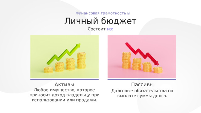 Главная Бюджет Домохозяйство Доходы  Финансовая грамотность ы Личный бюджет Состоит из: Финансовая грамотность Финансовая грамотность Активы Пассивы Подушка безопасности  Это запас денежных средств, который равен сумме расходов человека или семьи как минимум за 3 месяца. Активы Пассивы Любое имущество, которое приносит доход владельцу при использовании или продажи. Долговые обязательства по выплате суммы долга. Кредиты в банках Микрозаймы Квартира Банковские депозиты под сдачу Долги соседям Рассрочки Сдача автомобиля в аренду Инвестиции Автомобиль Наличные деньги Дачный участок Недвижимость 