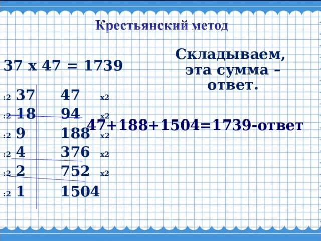 Складываем,  эта сумма – ответ . 37 х 47 = 1739  :2 37 47  х2 :2 18 94  х2 :2 9 188  х2 :2 4 376  х2 :2 2 752  х2 :2 1 1504  47+188+1504= 1739- ответ 