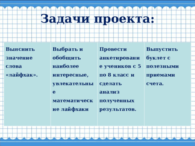 Задачи проекта: Выяснить значение слова «лайфхак».  Выбрать и обобщить наиболее интересные, увлекательные математические лайфхаки    Провести анкетирование учеников с 5 по 8 класс и сделать анализ полученных результатов.  Выпустить буклет с полезными приемами счета.  