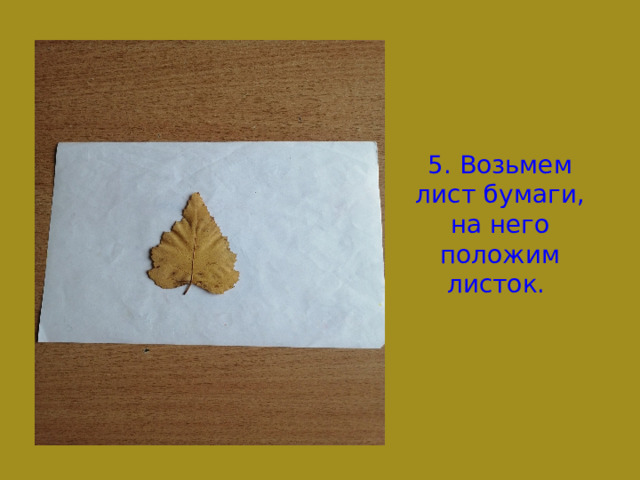 5.  Возьмем лист бумаги, на него положим листок. 