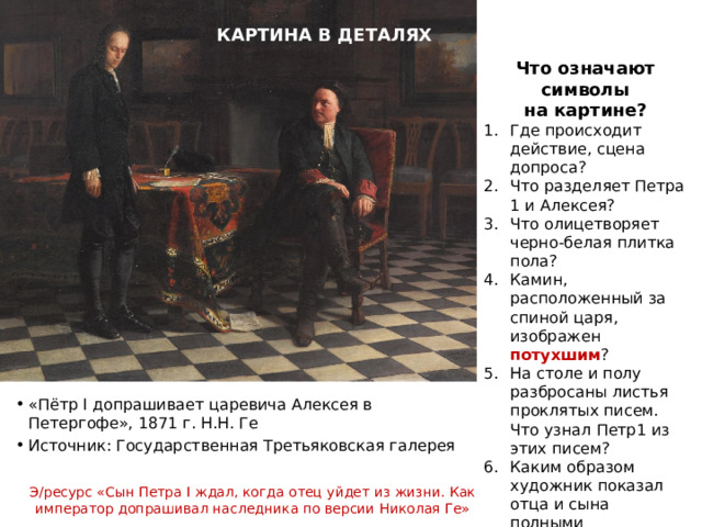 КАРТИНА В ДЕТАЛЯХ Что означают символы на картине? Где происходит действие, сцена допроса? Что разделяет Петра 1 и Алексея? Что олицетворяет черно-белая плитка пола? Камин, расположенный за спиной царя, изображен потухшим ? На столе и полу разбросаны листья проклятых писем. Что узнал Петр1 из этих писем? Каким образом художник показал отца и сына полными противоположностями ? Какой момент картины оставил у вас тяжелое предчувствие? «Пётр I допрашивает царевича Алексея в Петергофе», 1871 г. Н.Н. Ге Источник: Государственная Третьяковская галерея Э/ресурс «Сын Петра I ждал, когда отец уйдет из жизни. Как император допрашивал наследника по версии Николая Ге» 