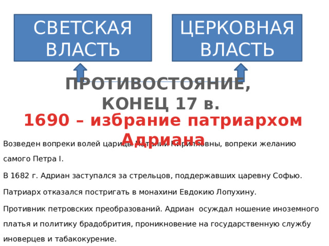 СВЕТСКАЯ ВЛАСТЬ ЦЕРКОВНАЯ ВЛАСТЬ ПРОТИВОСТОЯНИЕ, КОНЕЦ 17 в. 1690 – избрание патриархом Адриана Возведен вопреки волей царицы Наталии Кирилловны, вопреки желанию самого Петра I. В 1682 г. Адриан заступался за стрельцов, поддержавших царевну Софью. Патриарх отказался постригать в монахини Евдокию Лопухину. Противник петровских преобразований. Адриан осуждал ношение иноземного платья и политику брадобрития, проникновение на государственную службу иноверцев и табакокурение.  