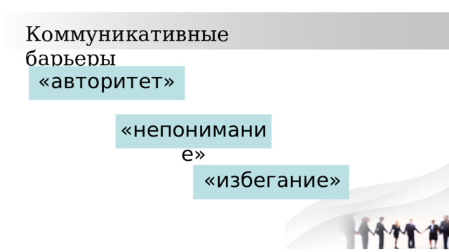 Коммуникативные барьеры «авторитет» «непонимание»   «избегание» 