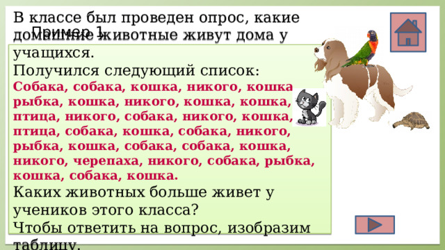 Пример 1 В классе был проведен опрос, какие домашние животные живут дома у учащихся.  Получился следующий список:  Собака, собака, кошка, никого, кошка, рыбка, кошка, никого, кошка, кошка, птица, никого, собака, никого, кошка, птица, собака, кошка, собака, никого, рыбка, кошка, собака, собака, кошка, никого, черепаха, никого, собака, рыбка, кошка, собака, кошка.  Каких животных больше живет у учеников этого класса?  Чтобы ответить на вопрос, изобразим таблицу.   