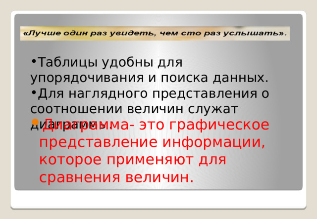 Таблицы удобны для упорядочивания и поиска данных. Для наглядного представления о соотношении величин служат диаграммы. Диаграмма- это графическое представление информации, которое применяют для сравнения величин. 