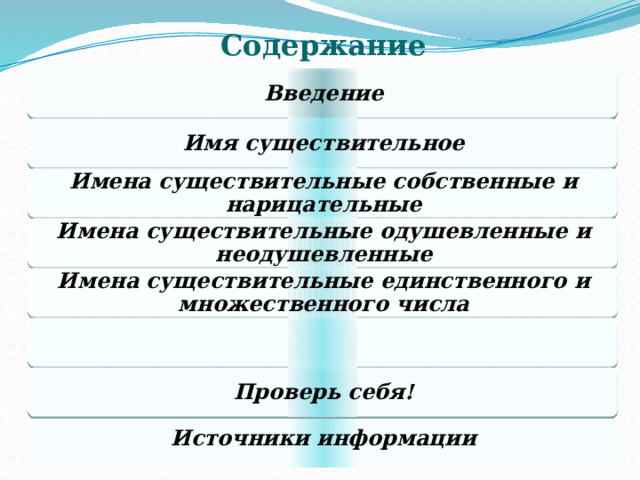 Содержание Введение Имя существительное Имена существительные собственные и нарицательные Имена существительные одушевленные и неодушевленные Имена существительные единственного и множественного числа  Проверь себя! Источники информации  