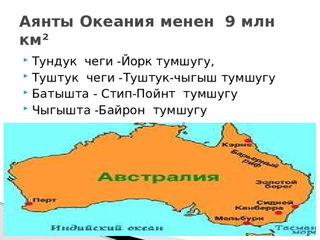 Аянты Океания менен 9 млн км² Тундук чеги -Йорк тумшугу, Туштук чеги -Туштук-чыгыш тумшугу Батышта - Стип-Пойнт тумшугу Чыгышта -Байрон тумшугу 