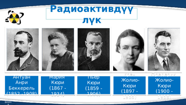 Радиоактивдүүлүк Антуан Анри Беккерель (1852 -1908) Пьер Кюри (1859 -1906) Мария Кюри (1867 - 1934 ) Ирен Фредерик  Жолио-Кюри Жолио-Кюри (1897 -1956) (1900 -1958) физика 