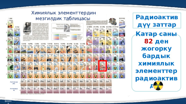 Химиялык элементтердин мезгилдик таблицасы Радиоактивдүү заттар Катар саны 82 ден жогорку бардык химиялык элементтер радиоактивдүү Лактаноиддер Актиноиддер физика 