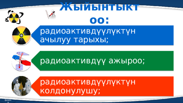 радиоактивдүүлүктүн ачылуу тарыхы; радиоактивдүү ажыроо; радиоактивдүүлүктүн колдонулушу; Жыйынтыктоо: физика  