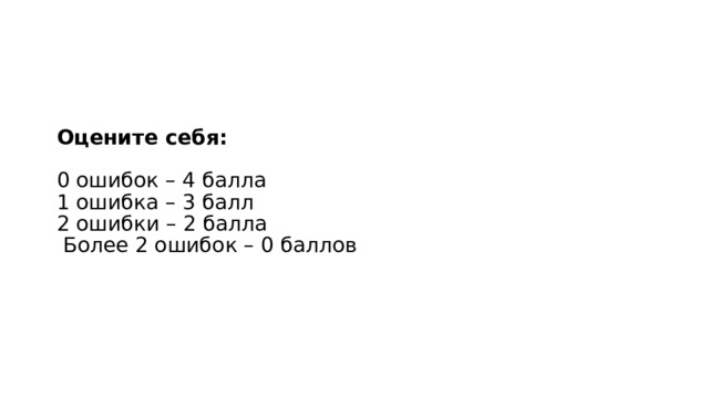 Оцените себя: 0 ошибок – 4 балла 1 ошибка – 3 балл 2 ошибки – 2 балла  Более 2 ошибок – 0 баллов 