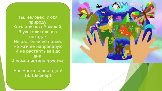 Ты, Человек, любя природу, Хоть иногда её жалей; В увеселительных походах Не растопчи ее полей. Не жги ее напропалую И не растаптывай до дна, И помни истину простую – Нас много, а она одна! (В. Шефнер) 