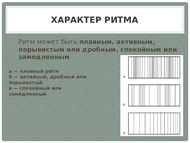 Характер ритма Ритм может быть плавным, активным, порывистым или дробным, спокойным или замедленным а — плавный ритм б — активный, дробный или порывистый в — спокойный или замедленный 
