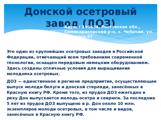 Донской осетровый завод (ДОЗ) Адрес: 346634, Ростовская обл., Семикаракорский р-н, х. Чебачий, ул. Гагарина,67 Это один из крупнейших осетровых заводов в Российской Федерации, отвечающий всем требованиям современной технологии, оснащен передовым немецким оборудованием. Здесь созданы отличные условия для выращивания молодняка осетровых. ДОЗ — единственное в регионе предприятие, осуществляющее выпуск молоди белуги и донской стерляди, занесённых в Красную книгу РФ. Кроме того, из прудов ДОЗ ежегодно в реку Дон выпускается молодь осетра и севрюги. За последние 5 лет из прудов ДОЗ выпущено в р. Дон около 10 млн. экземпляров молоди осетровых, в том числе и видов, занесённых в Красную книгу РФ. 