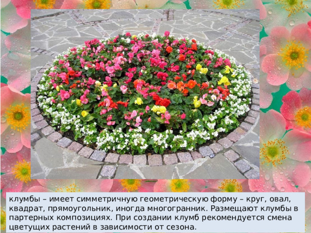 клумбы – имеет симметричную геометрическую форму – круг, овал, квадрат, прямоугольник, иногда многогранник. Размещают клумбы в партерных композициях. При создании клумб рекомендуется смена цветущих растений в зависимости от сезона. 