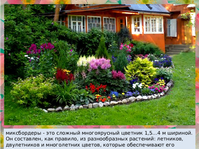 миксбордеры - это сложный многоярусный цветник 1,5…4 м шириной. Он составлен, как правило, из разнообразных растений: летников, двулетников и многолетних цветов, которые обеспечивают его непрерывное цветение. 