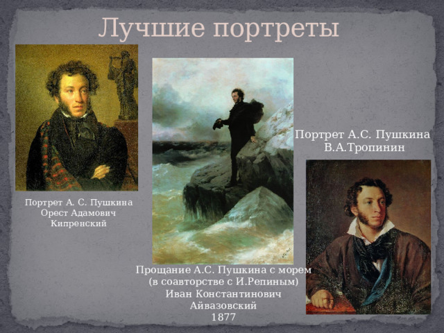 Лучшие портреты Портрет А.С. Пушкина В.А.Тропинин Портрет А. С. Пушкина Орест Адамович Кипренский Прощание А.С. Пушкина с морем (в соавторстве с Ильей Репиным) Иван Константинович Айвазовский  1877 Прощание А.С. Пушкина с морем (в соавторстве с И.Репиным) Иван Константинович Айвазовский 1877  