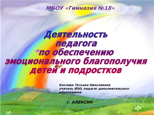 МБОУ «Гимназия №18»  Козлова Татьяна Николаевна учитель ИЗО, педагог дополнительного образования    г. АЛЕКСИН 