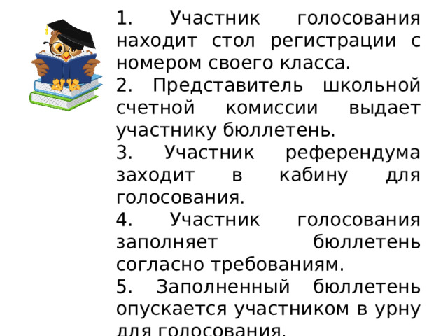 1. Участник голосования находит стол регистрации с номером своего класса. 2. Представитель школьной счетной комиссии выдает участнику бюллетень. 3. Участник референдума заходит в кабину для голосования. 4. Участник голосования заполняет бюллетень согласно требованиям. 5. Заполненный бюллетень опускается участником в урну для голосования. 