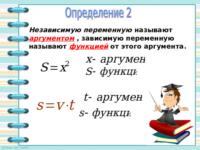 Независимую переменную  называют аргументом , зависимую переменную называют функцией  от этого аргумента. 