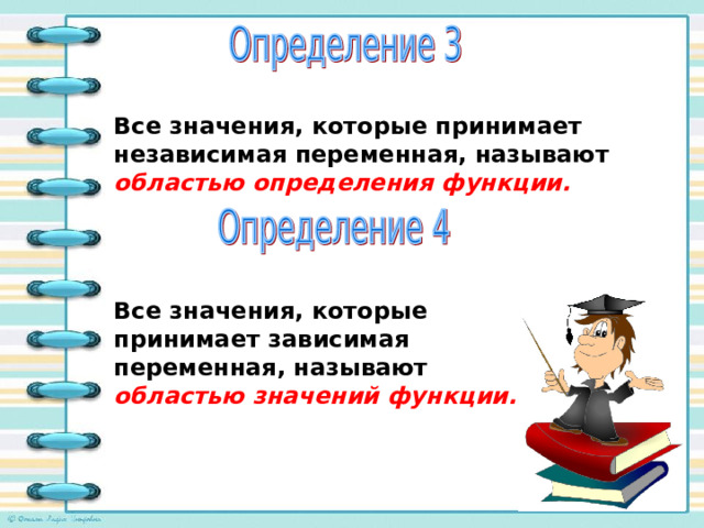 Все значения, которые принимает независимая переменная, называют областью определения функции. Все значения, которые принимает зависимая переменная, называют областью значений функции. 
