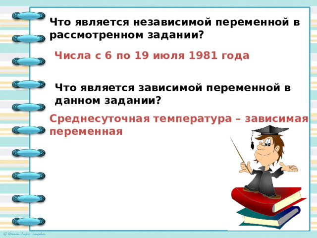 Что является независимой переменной в рассмотренном задании? Числа с 6 по 19 июля 1981 года Что является зависимой переменной в данном задании? Среднесуточная температура – зависимая переменная 