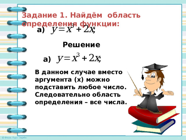 Задание 1. Найдём область определения функции: а) Решение а) В данном случае вместо аргумента (х) можно подставить любое число. Следовательно область определения – все числа. 