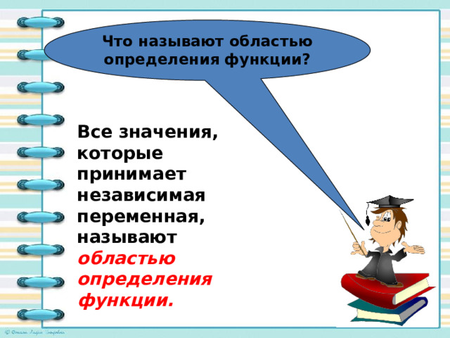 Что называют областью определения функции? Все значения, которые принимает независимая переменная, называют областью определения функции. 