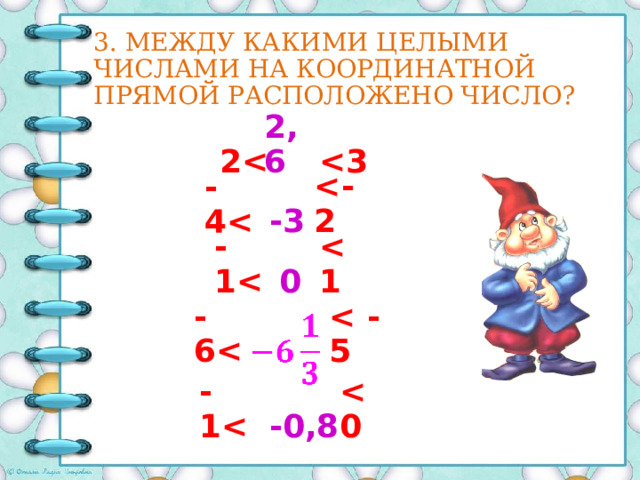 3. Между какими целыми числами на координатной прямой расположено число? 2,6  2 -3  - 4 -1  0 -6  -0,8 -1  